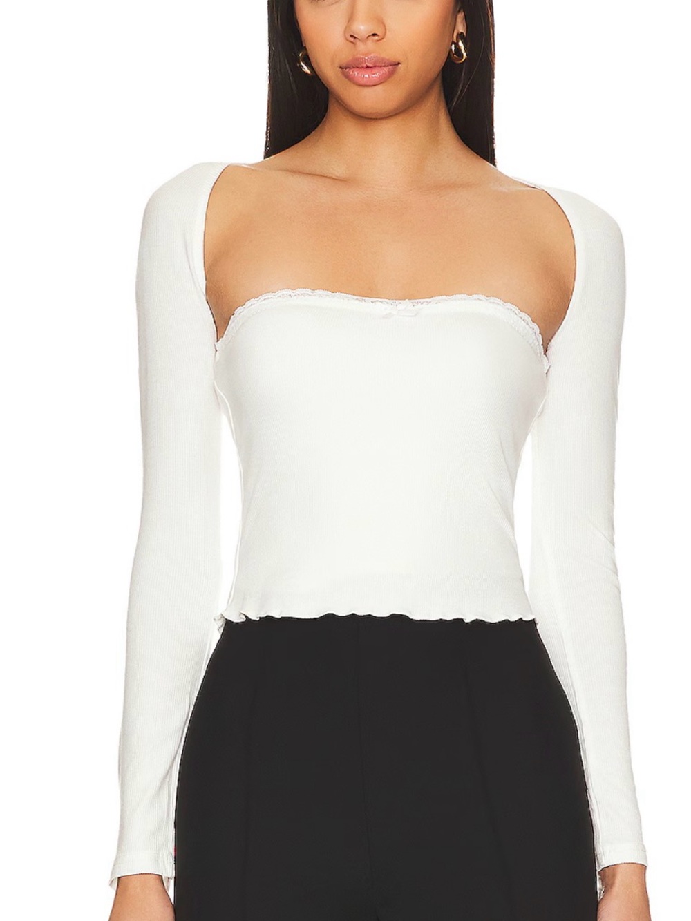 White Long Sleeve Square Neck Crop Top - Women